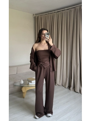 Kahve Straplez Büzgülü Üçlü Takım