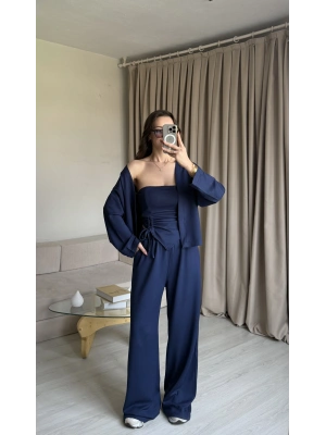 Lacivert Straplez Büzgülü Üçlü Takım