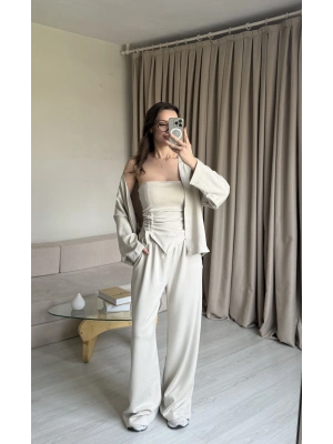 Bej Straplez Büzgülü Üçlü Takım