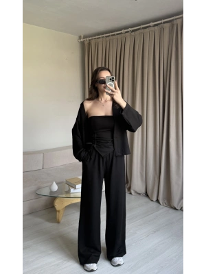 Siyah Straplez Büzgülü Üçlü Takım