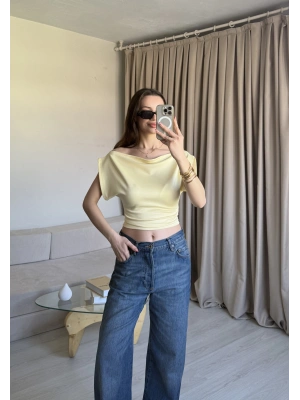 Sarı Düşük Omuz Belden Oturtmalı Bluz