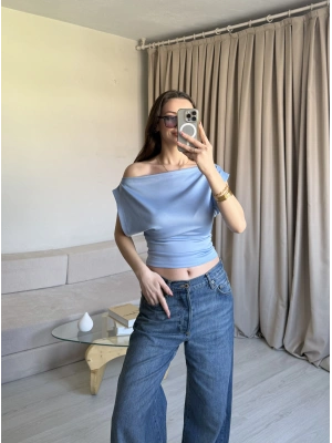 Mavi Düşük Omuz Belden Oturtmalı Bluz