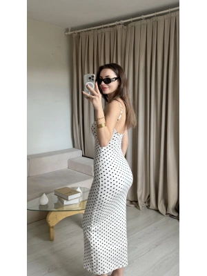 Beyaz Puantiye İnce Askılı Maxi Elbise