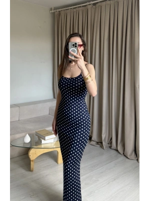 Lacivert Puantiye İnce Askılı Maxi Elbise