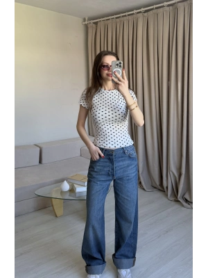 Beyaz Puantiyeli Basic Kısa Kol Bluz