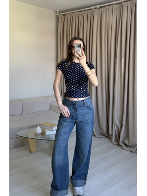 Lacivert Puantiyeli Basic Kısa Kol Bluz