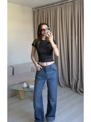 Siyah Puantiyeli Basic Kısa Kol Bluz