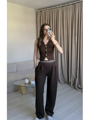 Kahve Broş Düğme Detaylı Takım