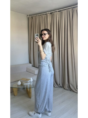 Gri Belden Bağlamalı Kısa Kollu Eşofman Takımı