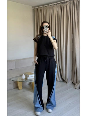 Siyah Taş Detaylı Denim Takım