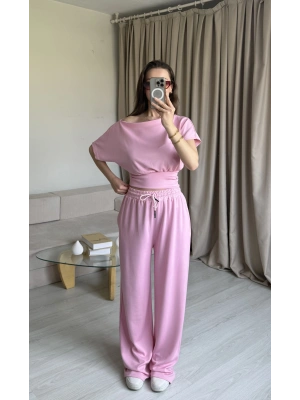 Pembe Bel Detay Düşük Omuz Takım
