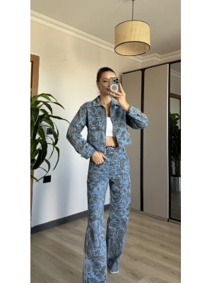 Açık Denim Etnik Desen Takım