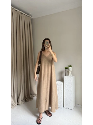 Açık Kahve Askılı Keten Elbise