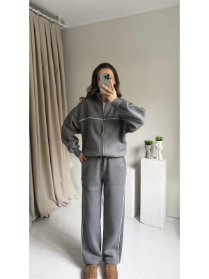 Antrasit Çizgili Hırka Eşofman Takımı