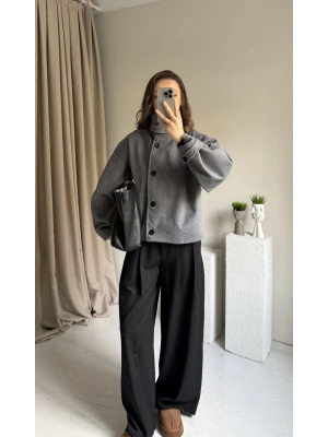 Antrasit Kaşe Düğmeli Çizgili Ceket