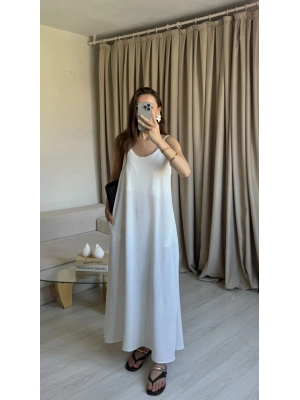 Beyaz Ayrobin Maxi Boy Askılı Elbise