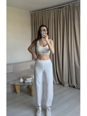 Beyaz Crep Balon Pantolon