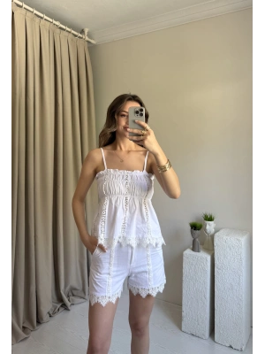 Beyaz Güpürlü Şort Takım