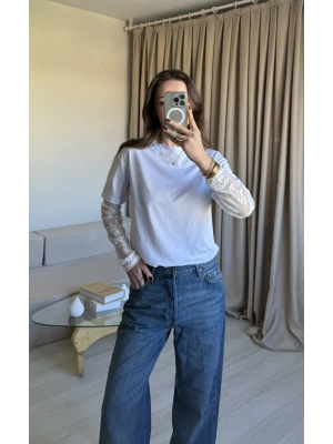 Beyaz Kol Dantelli Bluz