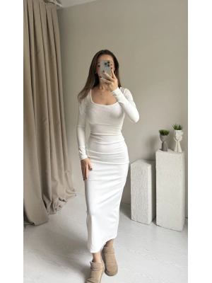 Beyaz Maxi Boy Fitilli Elbise
