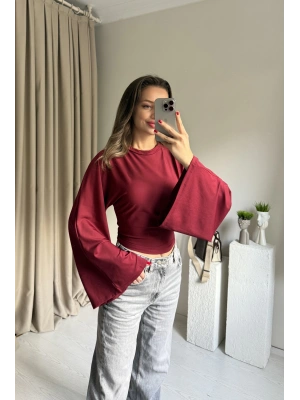 Bordo Belden Oturtmalı Yarasa Kol Bluz