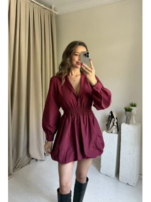 Bordo Beli Lastikli Balon Elbise