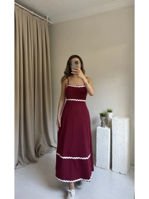 Bordo Biye Geçişli Elbise