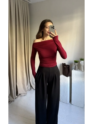 Bordo Büzgülü Düşük Omuz Bluz