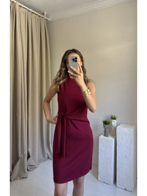 Bordo Düğüm Detaylı Kolsuz Elbise