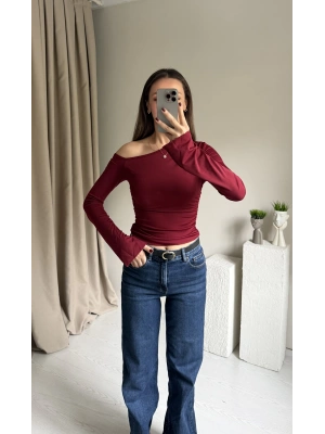 Bordo Düşük Omuz İspanyol Kol Bluz