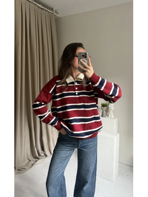 Bordo Polo Yaka Çizgili Kazak