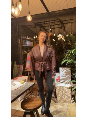 Bordo Tasarım Kuşaklı Deri Ceket