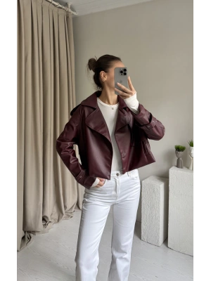 Bordo Yakalı Deri Ceket