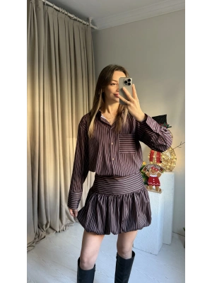 Çizgili Şort Etekli Gömlek Takım