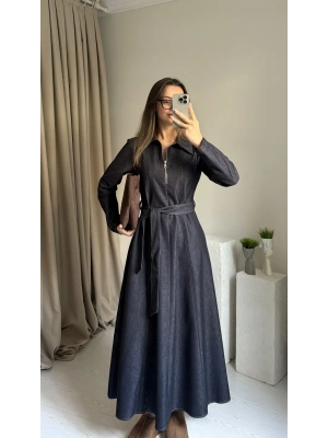 Denim Maxi Boy Kuşaklı Elbise