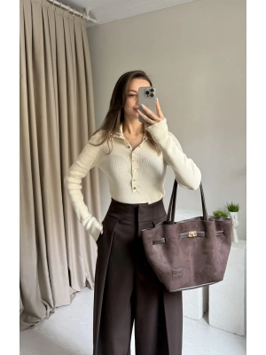 Ekru Çıtçıtlı Triko Premium Kazak