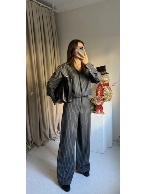Gri Çizgili Vatkalı Gömlek Pantolon Takım
