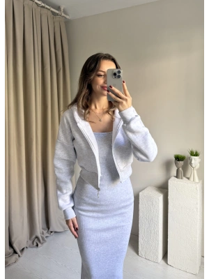 Gri Hırka Elbise İkili Takım