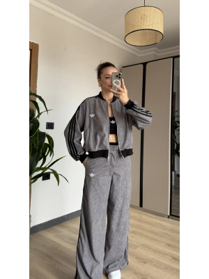 Gri Kadife Üçlü Ceket Takım