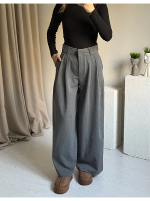 Gri Muadil Çift Pileli Pantolon