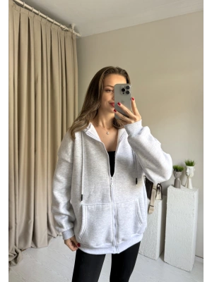 Gri Unısex Basic Kapüşonlu Hırka