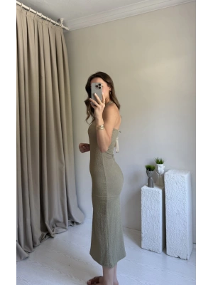 Haki Boyundan Askılı Maxi Elbise