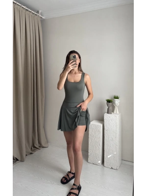 Haki İçi Şortlu Cepli Elbise - Mayo