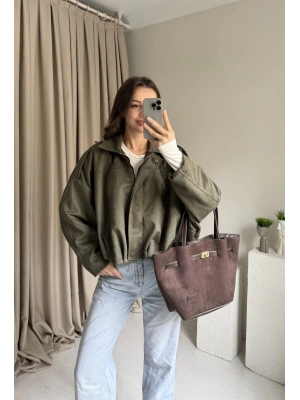 Haki Pileli Süet Ceket