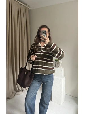 Haki Polo Yaka Çizgili Kazak