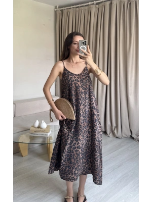 İnce Askılı Leopar Elbise