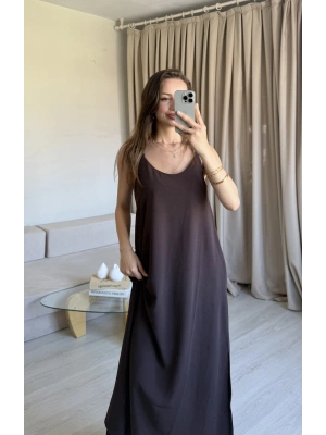 Kahve Ayrobin Maxi Boy Askılı Elbise