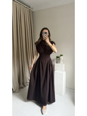 Kahve Bel Detaylı Vatkalı Elbise