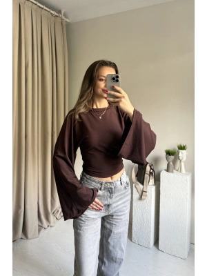 Kahve Belden Oturtmalı Yarasa Kol Bluz