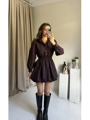 Kahve Beli Lastikli Balon Elbise